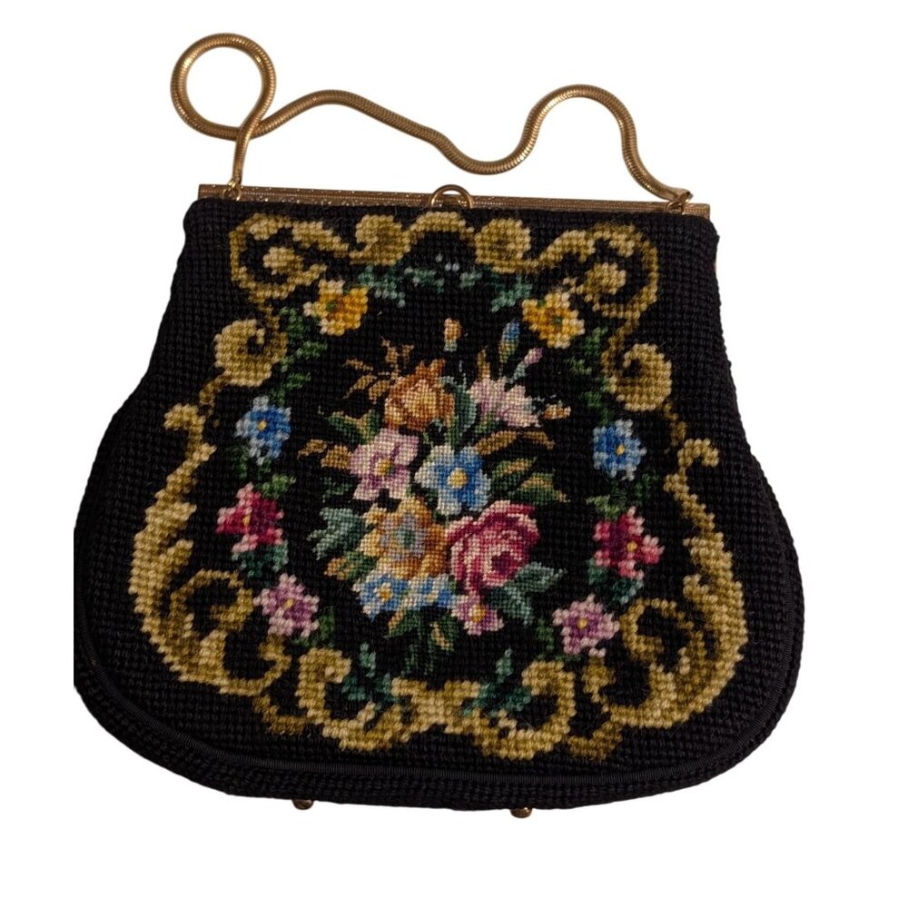 Vintage Floral Needlepoint Evening Bag Metal Frame Chain Strap etched clasp - Picture 9 of 16